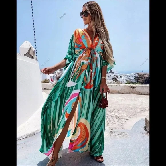 Lena Vie Boutique | Dresses | Bohemian Emerald Hippie Print Summer Beach  Slit Maxi Dress In Green Mixed Media | Poshmark